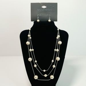 Kohls Occasion Faux Pearl 3 Strand Wedding Bridal Necklace With Earrings 20"